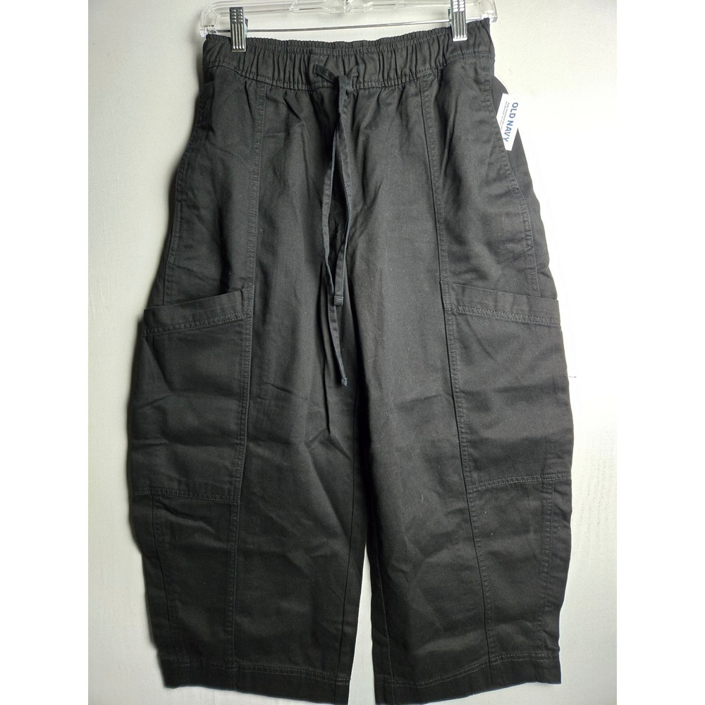 Old Navy Mid-Rise Barrel Leg Pants XS Petite Black Utility Cropped Drawstring